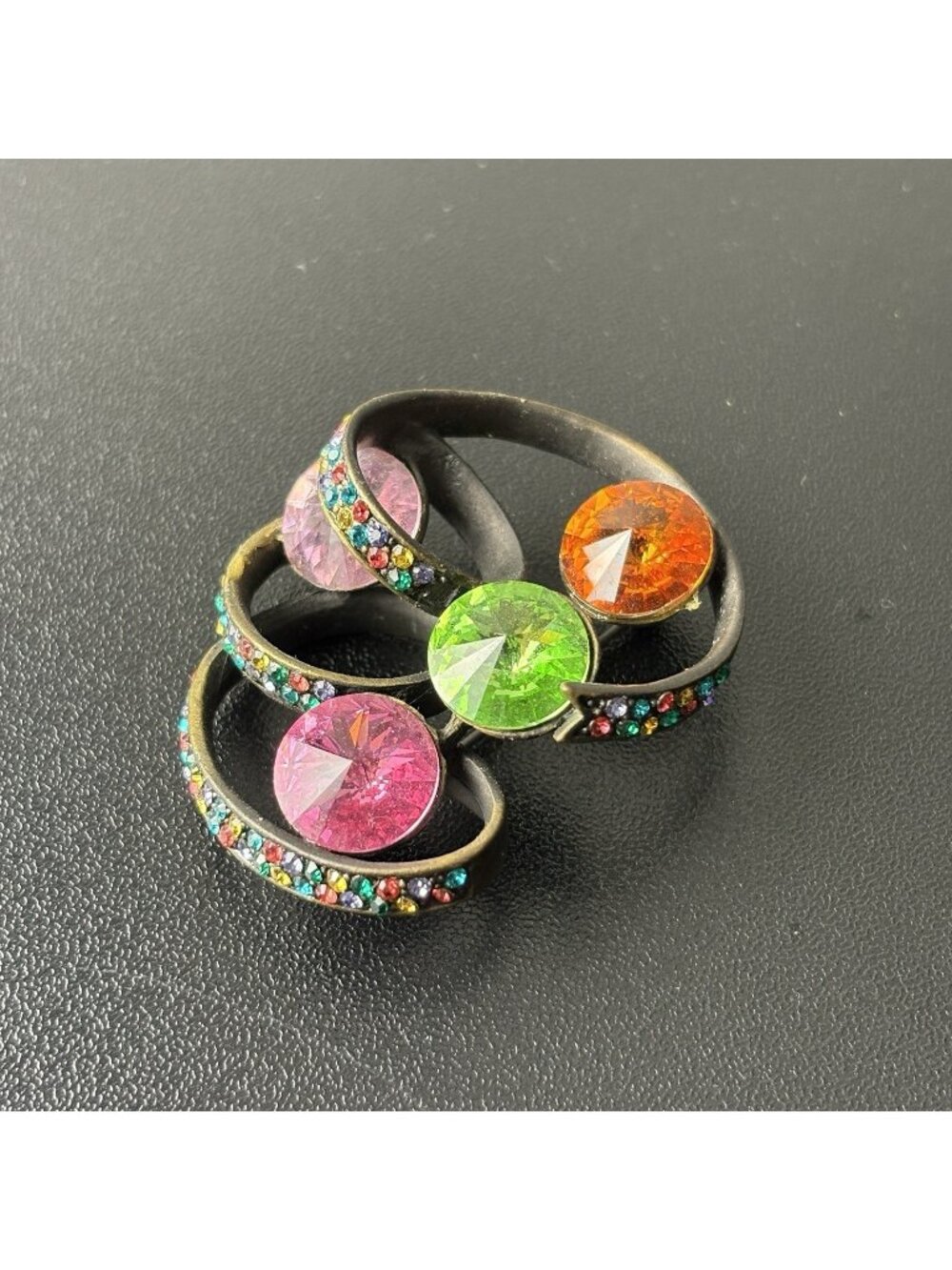 Vintage Multicolor Rainbow Rhinestone Brooch Pin Dark Metal Loop 1 3/4"